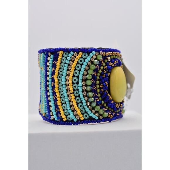 Beaded Cuff Bangle Bracelet Rhinestone Crystal Royal Blue Yellow Gold Chunky - Picture 10 of 12